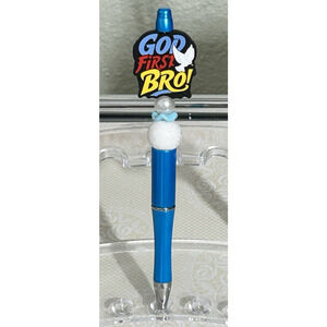 Custom Beaded Pen "God First Bro" Faith Blue Unique Gift Handmade Power Prayer